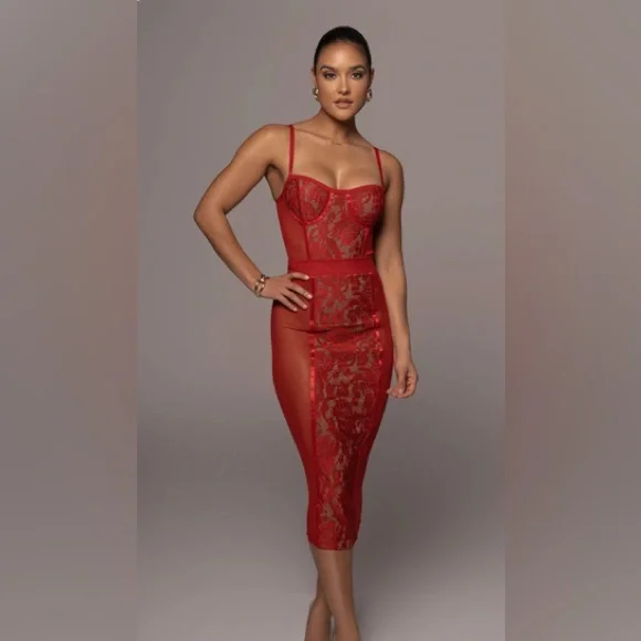 JLUXLABEL Red Mesh Lace Chemise Set - Picture 1 of 7